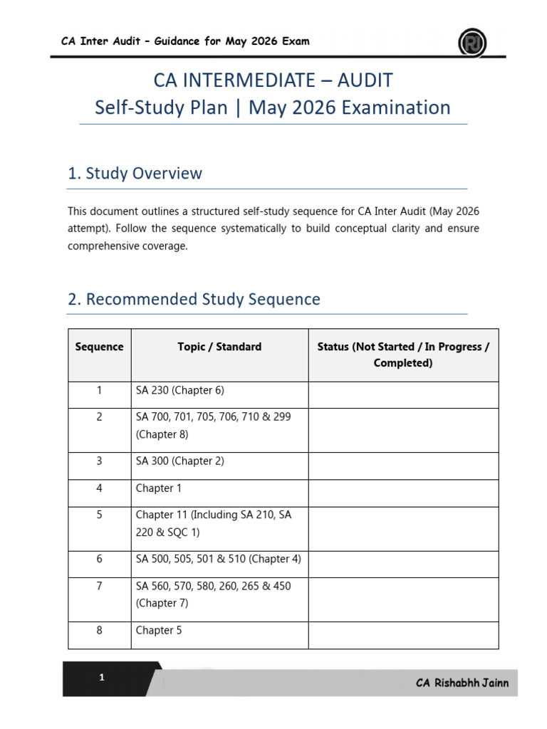 CA Inter Audit Self Study Plan May 2026 | PDF