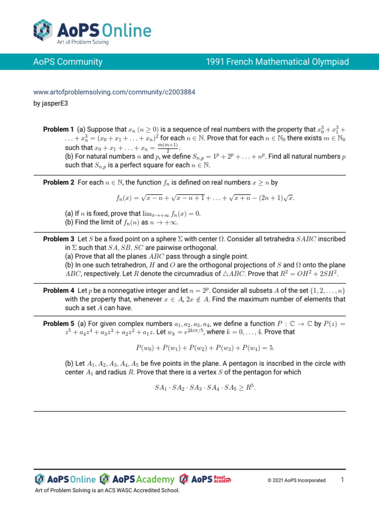 Aops Community 1991 French Mathematical Olympiad: Problem 1 | PDF