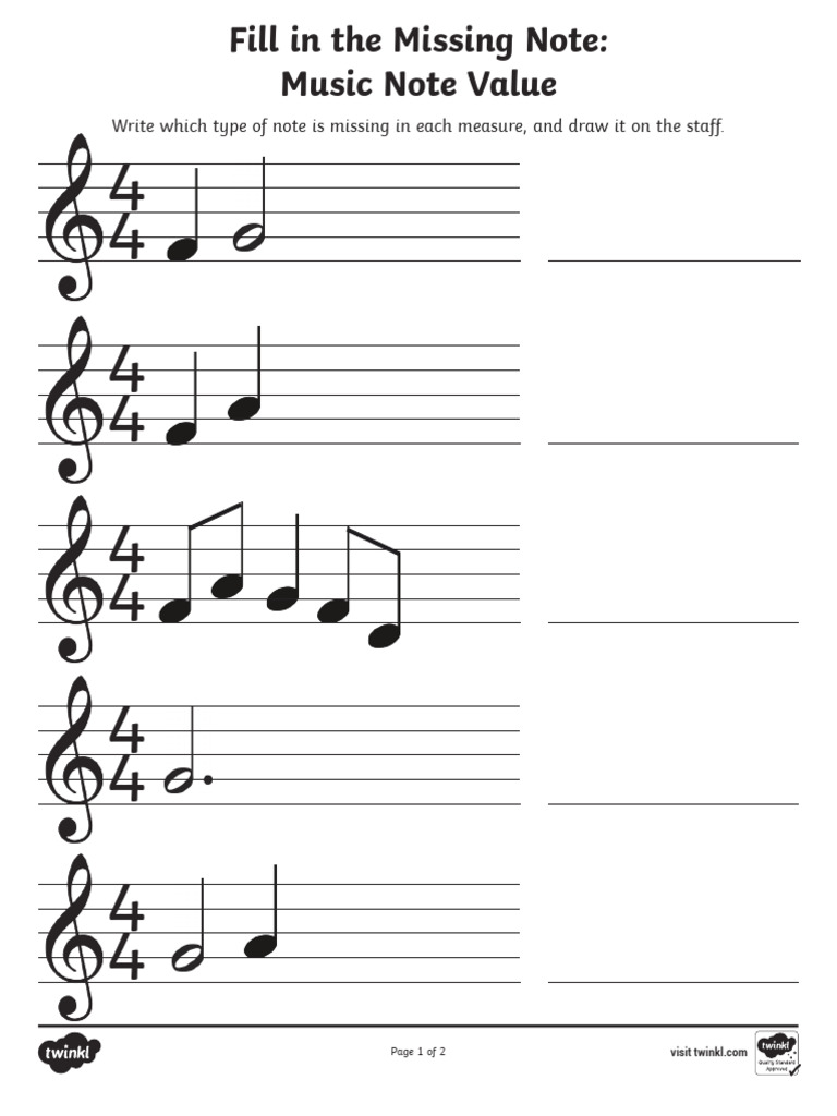 BW Fill in The Missing Note Music Note Value Activity | PDF