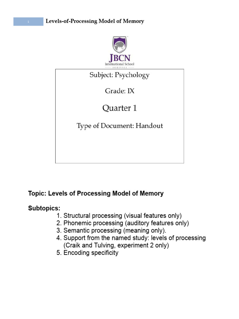 Levels-Of-Processing Model of Memory - Handout | PDF | Recall (Memory ...