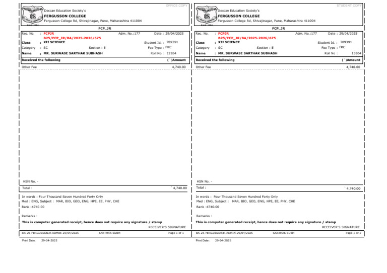 Fee Receipt | PDF