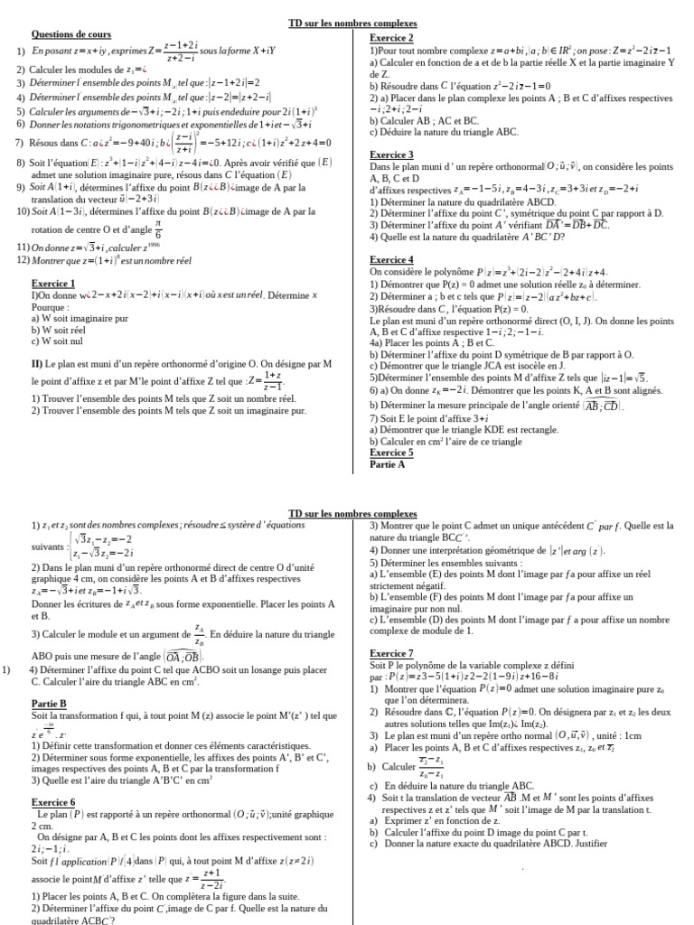 TD Sur Les Nombres Complexes Tle D | PDF | Nombre complexe | Algèbre ...
