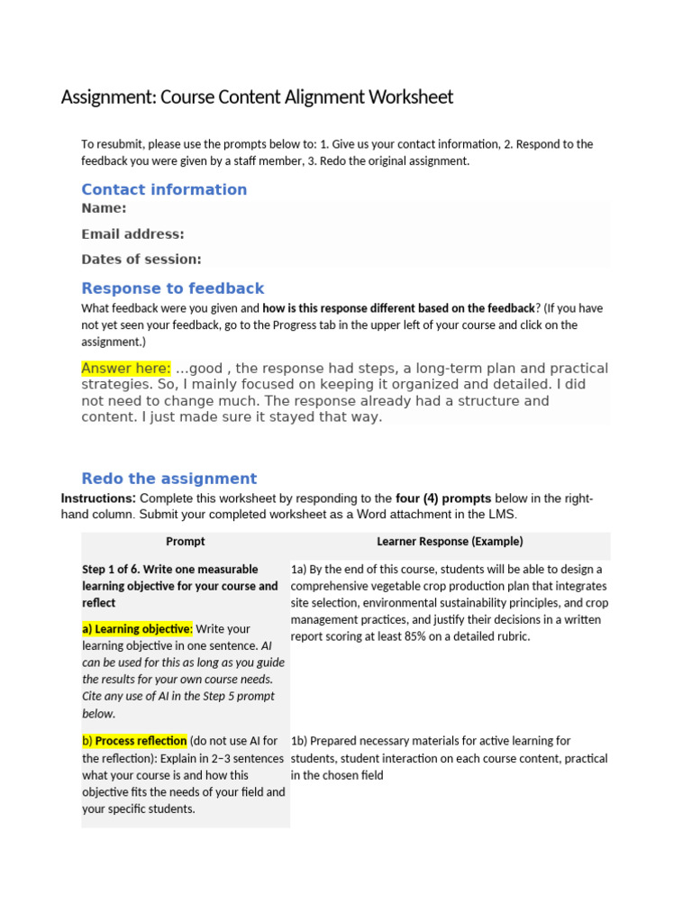 Resubmission Content Alignment Worksheet | PDF
