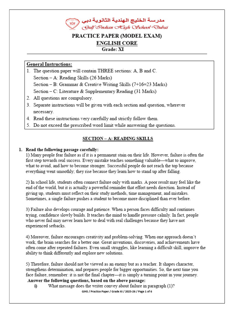 English Model Exam Practice Paper - Grade 11 | PDF | Teachers | Failure