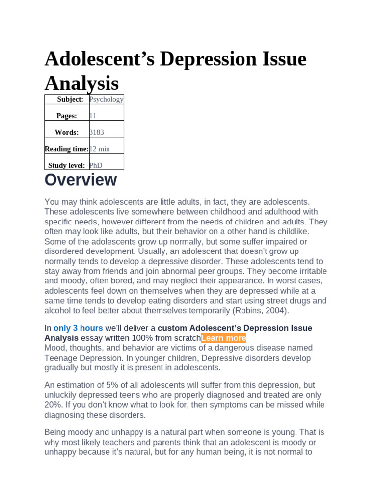 Adolescent's Depression Issue Analysis | PDF | Major Depressive ...