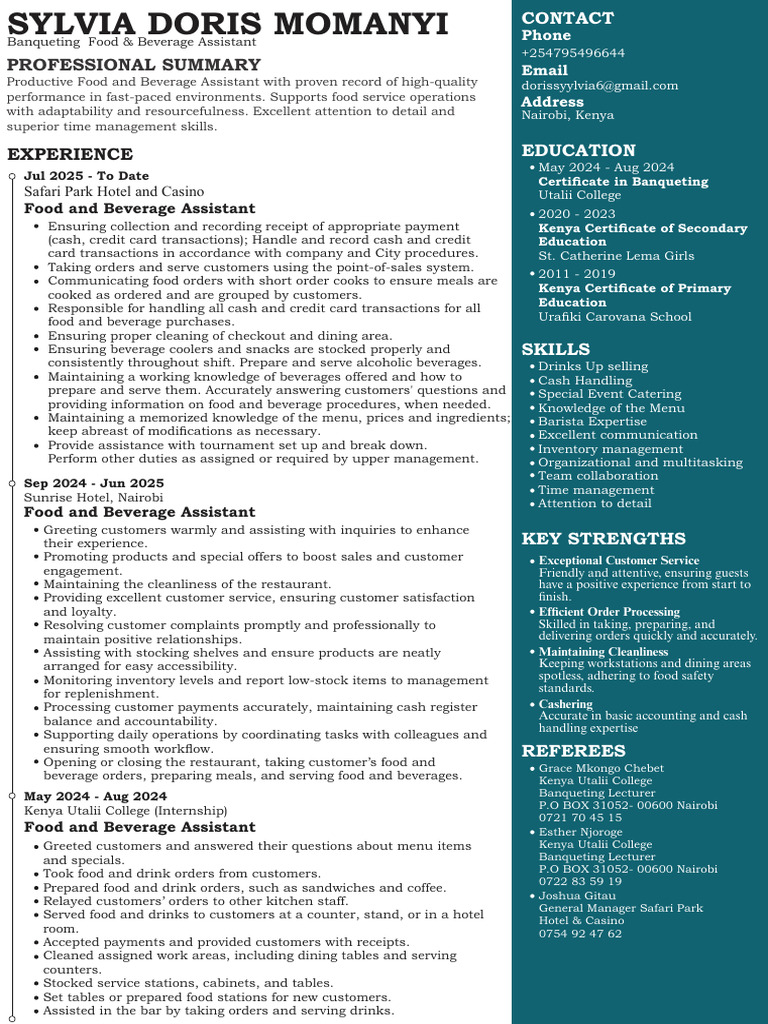 Sylvia Doris Momanyi CV | PDF | Point Of Sale | Restaurants