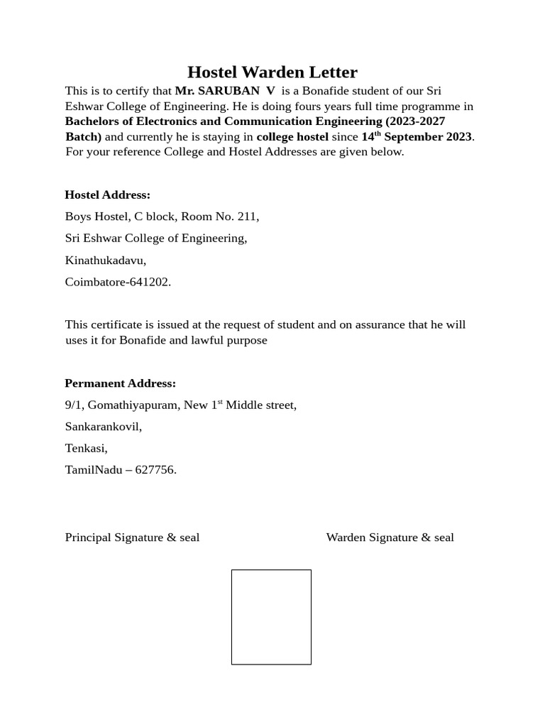 Hostel Form - 23EC175 | PDF