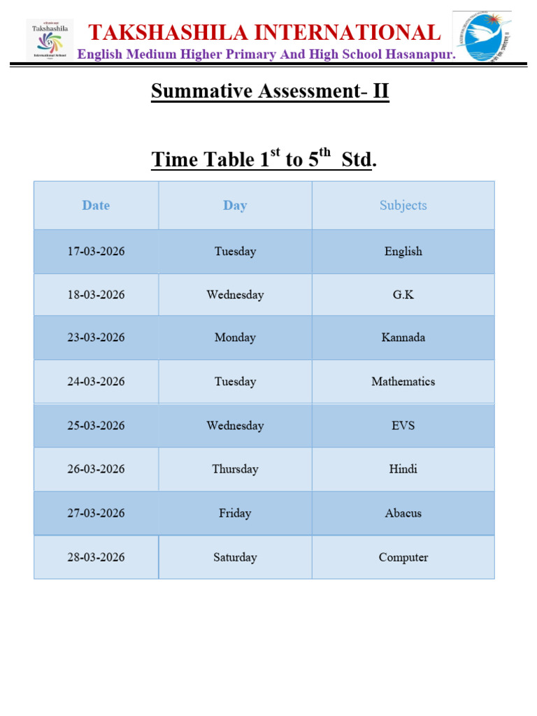 1st To 5th STD Time Table | PDF