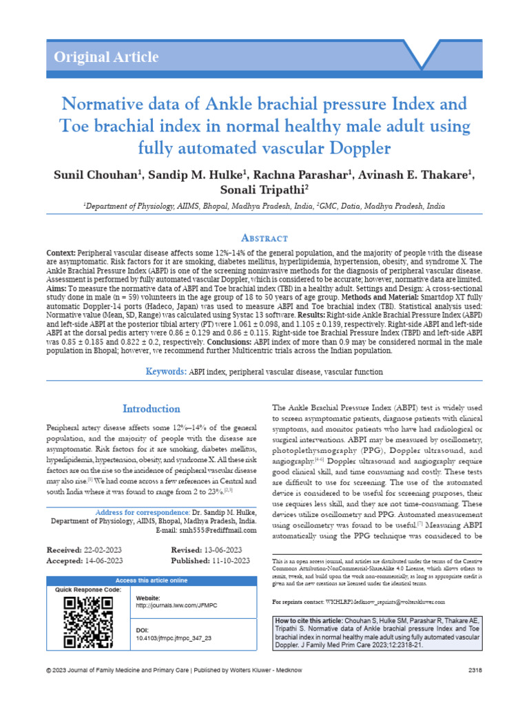 Normative Data of Ankle Brachial Pressure Index and Toe Brachial Index ...