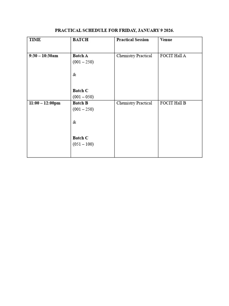 Practical Chemistry Schedule For Friday January 9, 2026 | PDF