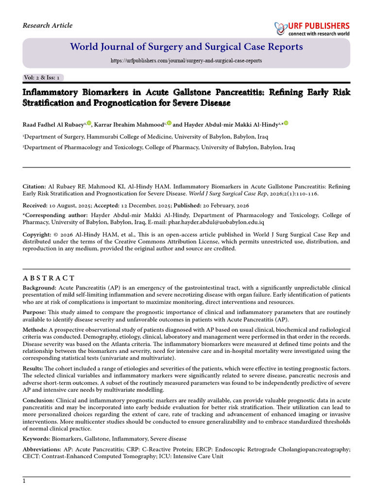 Inflammatory Biomarkers in Acute Gallstone Pancreatitis: Refining Early ...