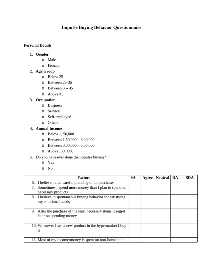 Questionnaire of Impulse Buying Behavior | PDF | Marketing