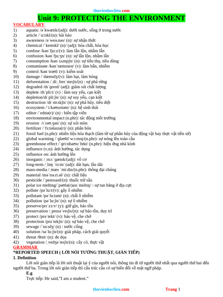 Bai Tap Chuyen Sau Anh 10 Global Unit 9 PROTECTING The ENVIRONMENT | PDF