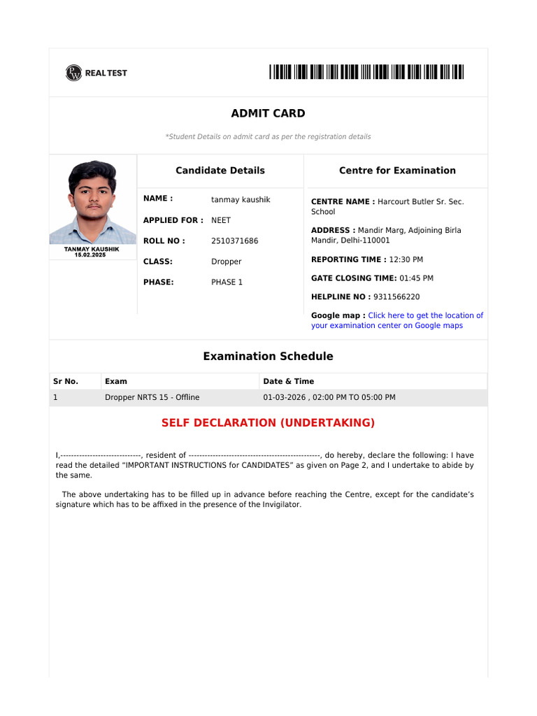 Admitcard 2510371686 6408288 | PDF | Identity Document