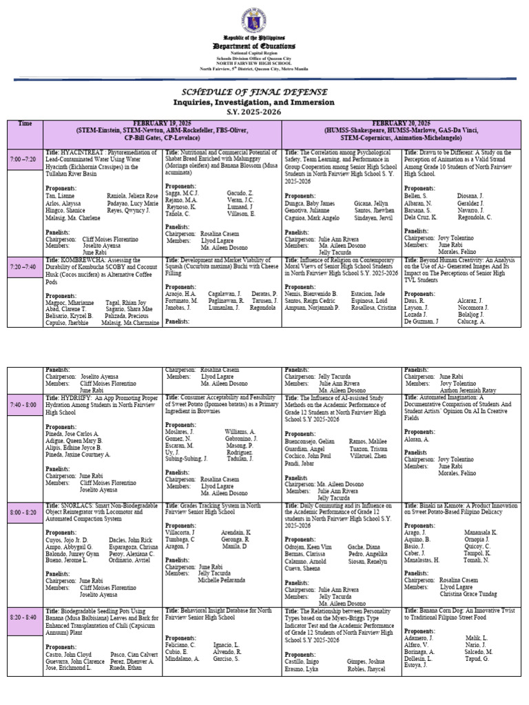 Schedule of Final Defense Ay 2025 2026 | PDF