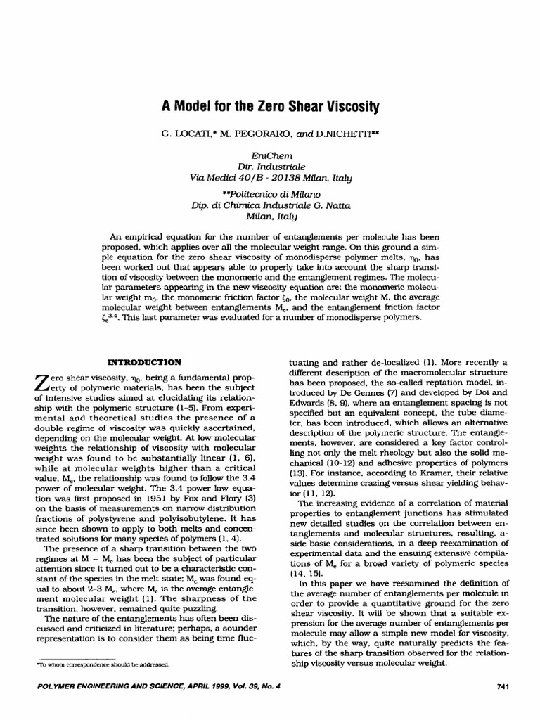 A Model For The Zero Shear Viscosity | PDF | Polymers | Viscosity