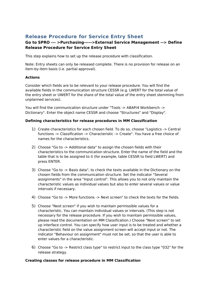 Service Entry Sheet Release Procedure | PDF | Statistical ...