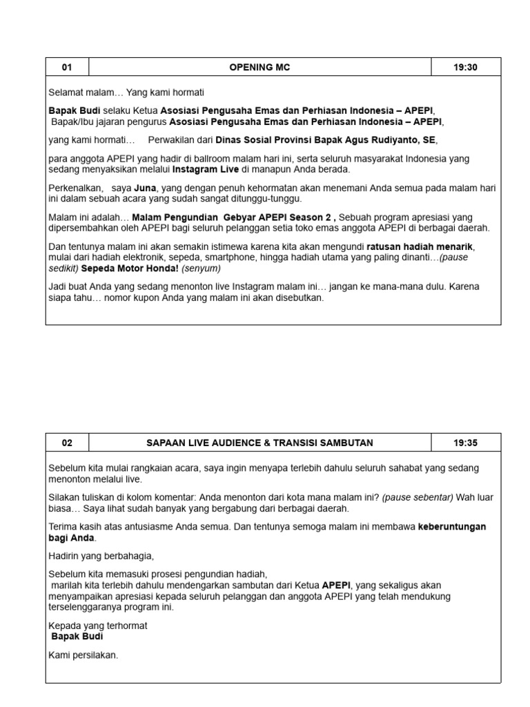 Script MC - Gebyar APEPI Season 2 | PDF