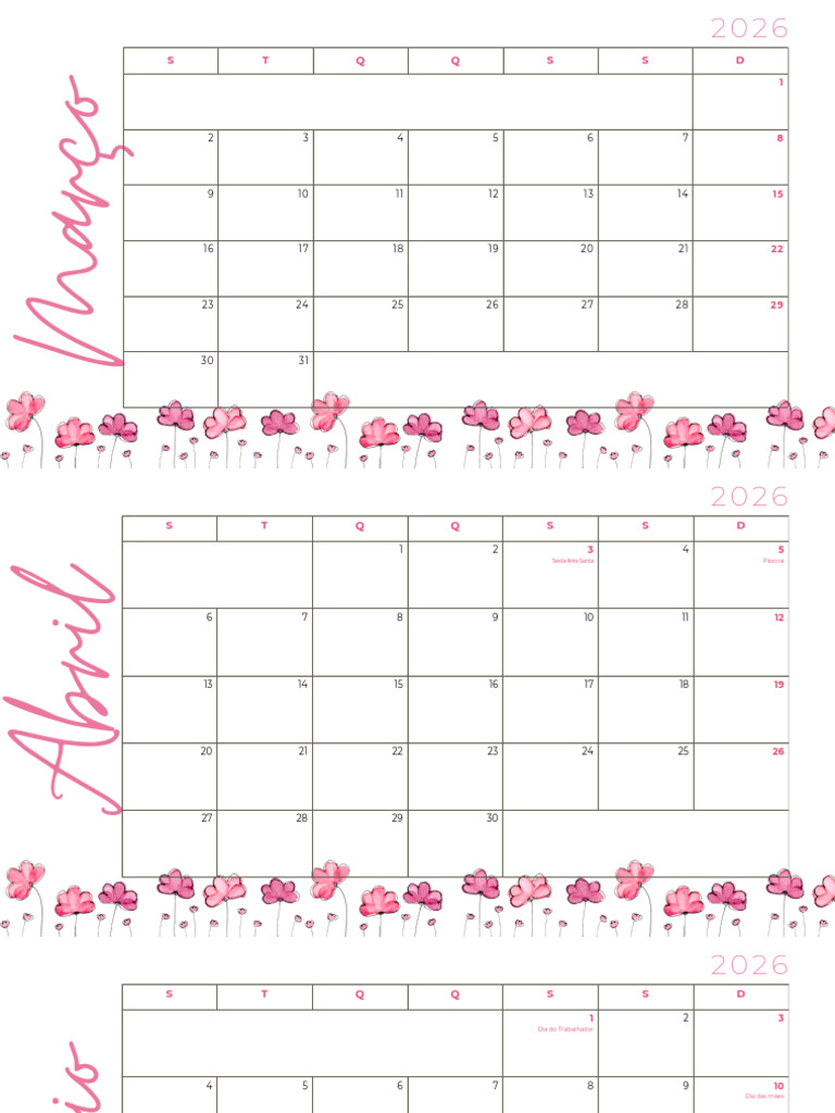 Calendário Mensal 2026 Com Feriados Floral Preto e Rosa | PDF