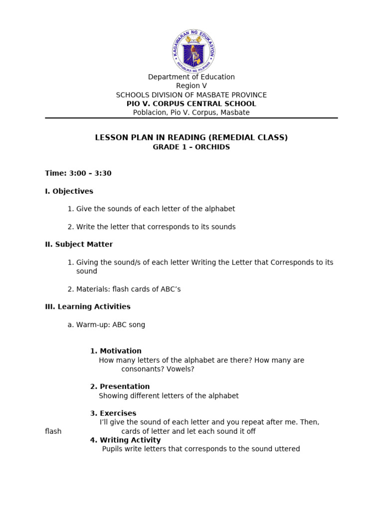 Lesson Plan in Reading (Remedial) - Grade 1 Orchids | PDF
