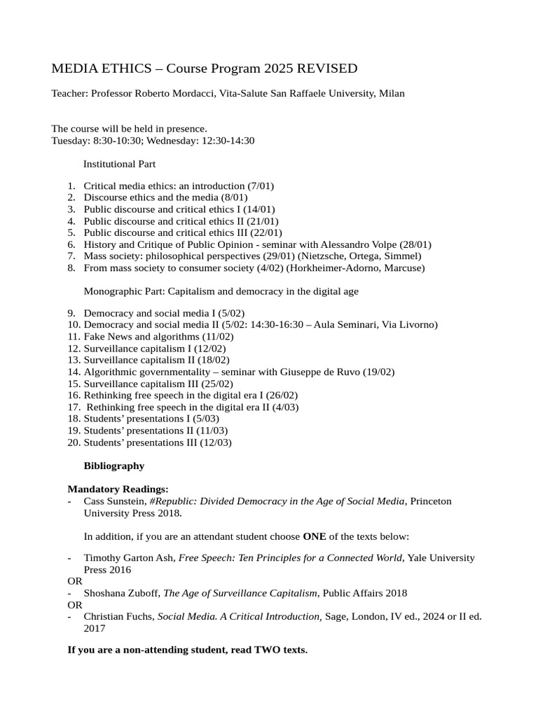 Media Ethics - Program UPDATED February 21st, 2025 | PDF