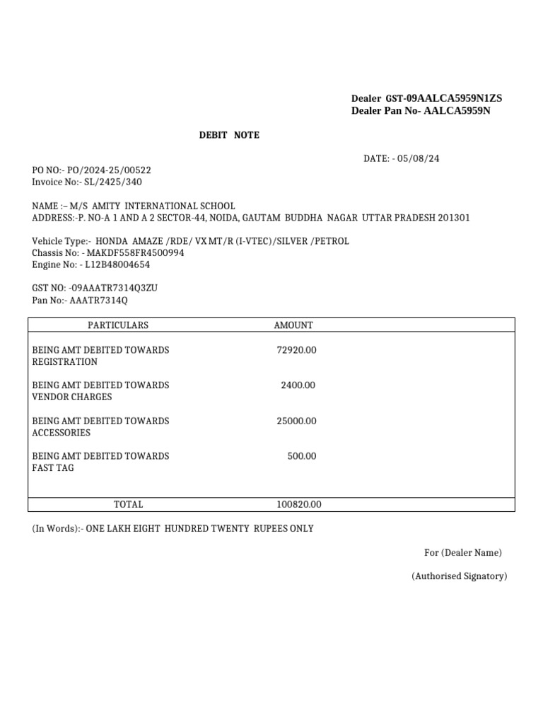 Amity School Debit Note | PDF