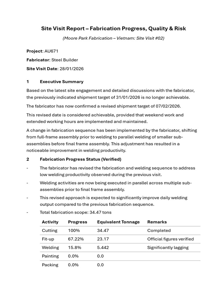 Site Visit - Progress and Risk Report 260128 | PDF | Welding | Construction