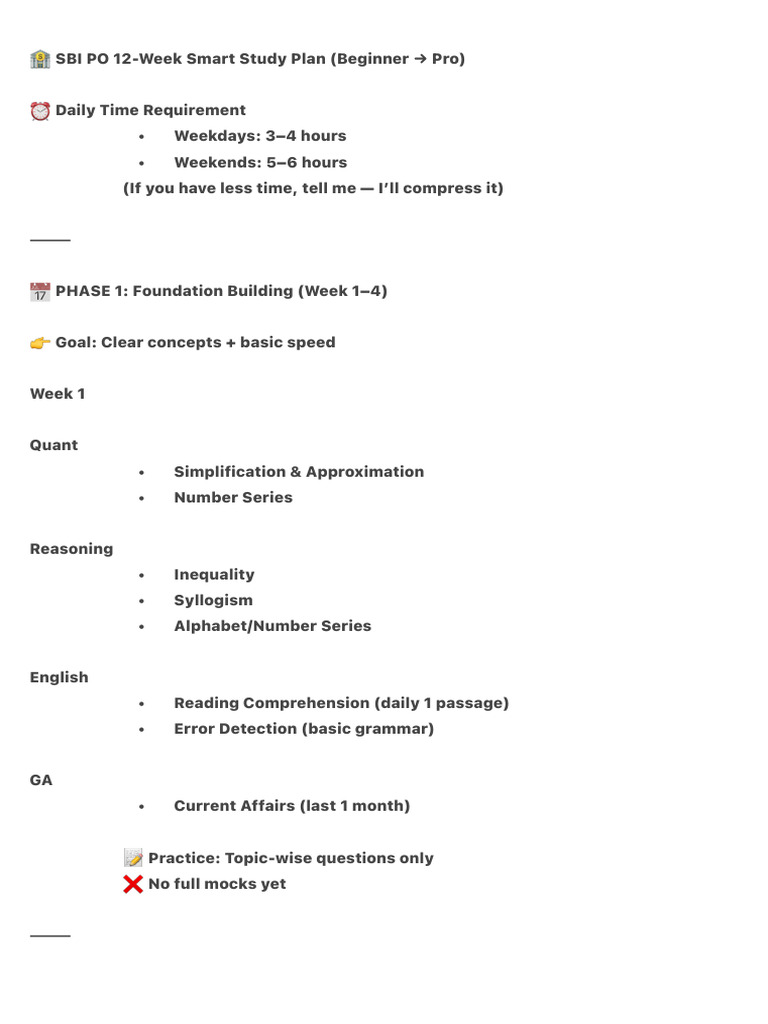 ? SBI PO 12-Week Smart Study Plan (Beginner Pro) | PDF