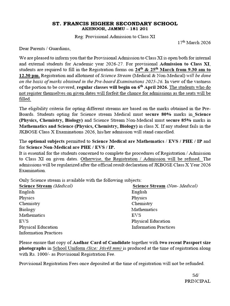 Provisional Admission To Class XI 2026-27 | PDF