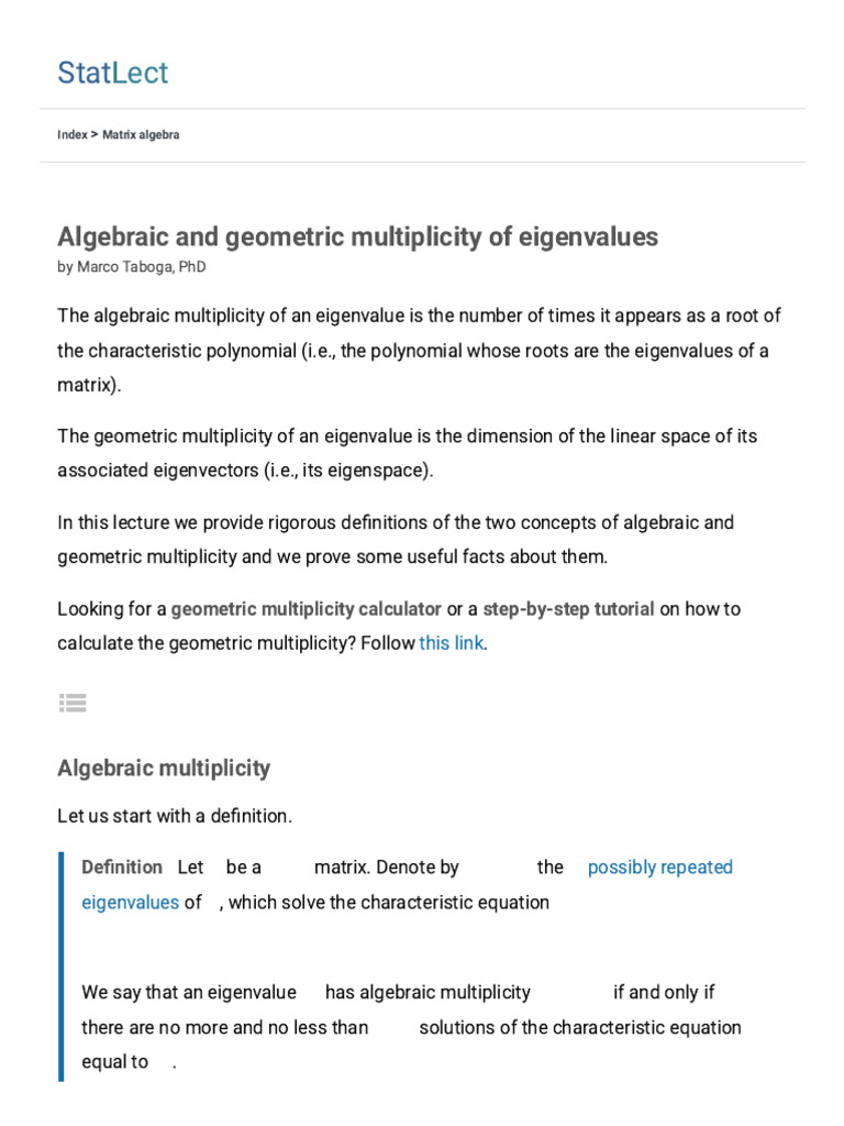 Algebraic and Geometric Multiplicity of Eigenvalues | PDF | Eigenvalues ...