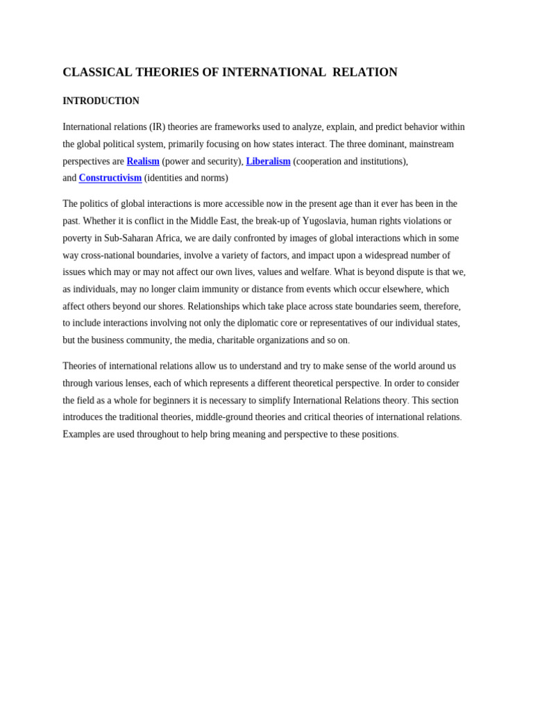 Classical Theories of International Relation | PDF | International ...
