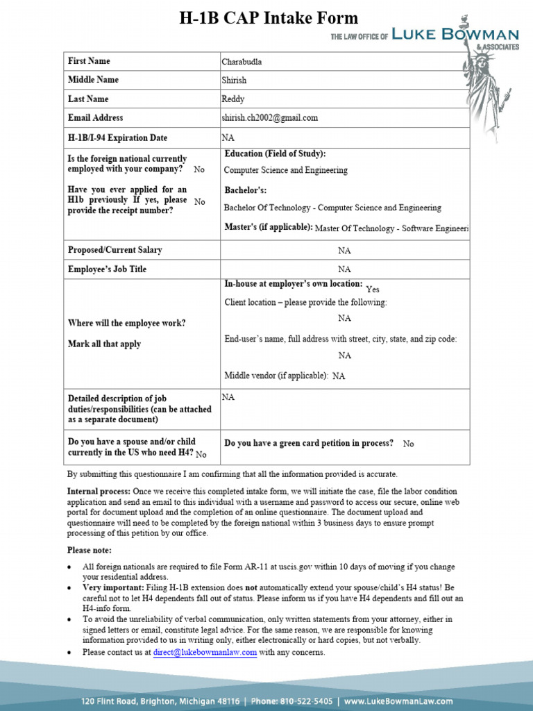 H-1B CAP Intake Form - 2024 | PDF | H 1 B Visa | Computing