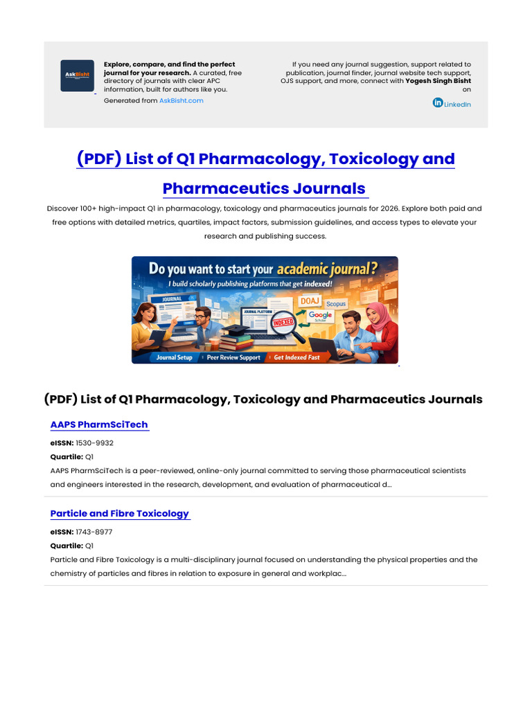 List of q1 Pharmacology, Toxicology and Pharmaceutics Journals | PDF ...
