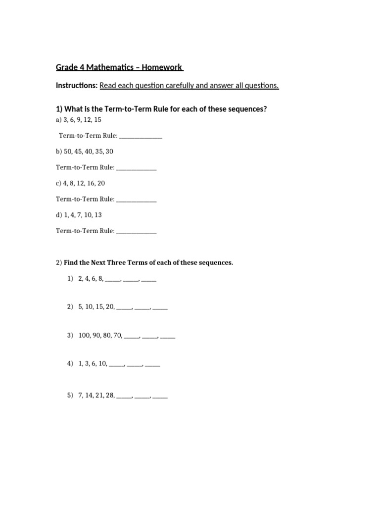Grade 4 Sequences Worksheet | PDF