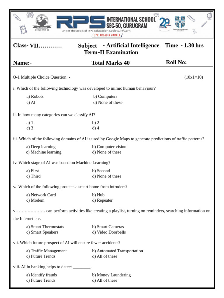 Class-7 AI Sample Paper | PDF | Artificial Intelligence | Intelligence ...