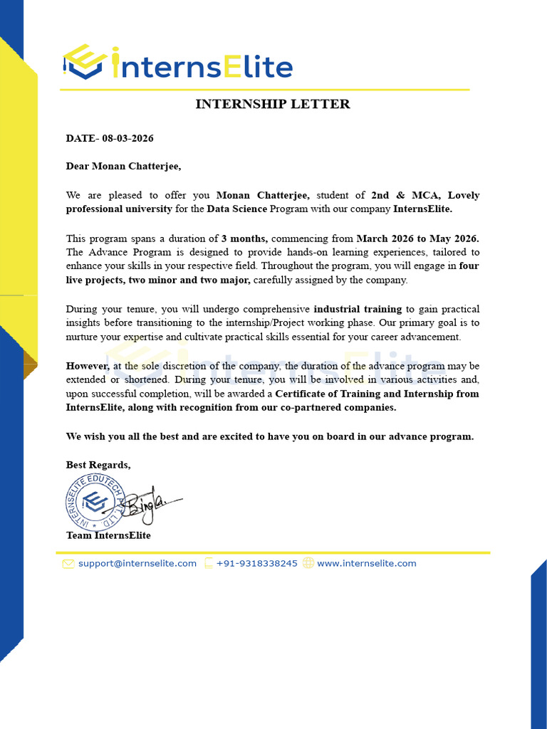 Internship Letter - Monan Chatterjee - InternsElite | PDF