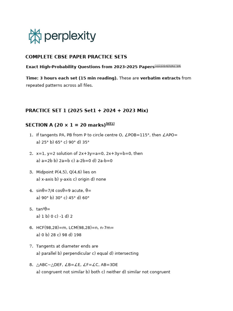 1complete Cbse Paper Practice Sets | PDF | Circle | Geometry
