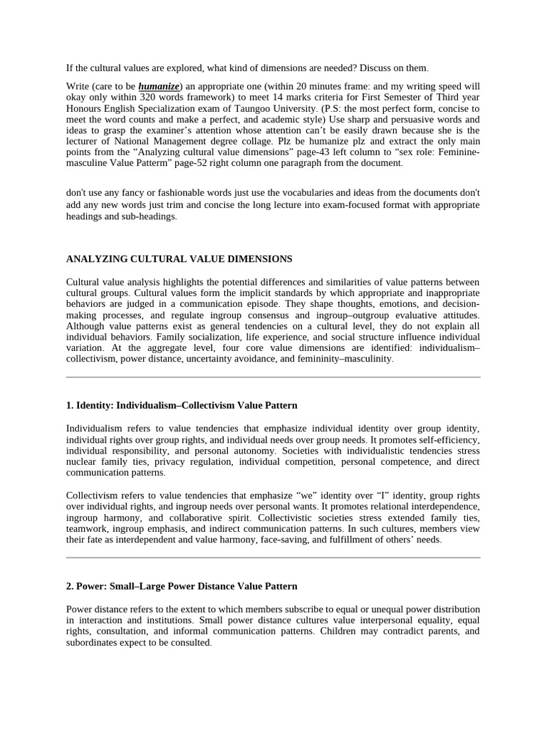 Cultural Values - Dimensions | PDF | Gender Role | Masculinity