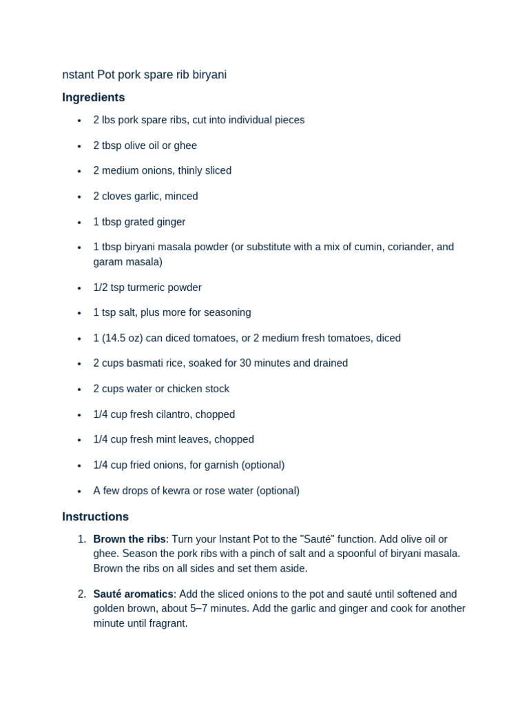 Nstant Pot Pork Spare Rib Biryani | PDF