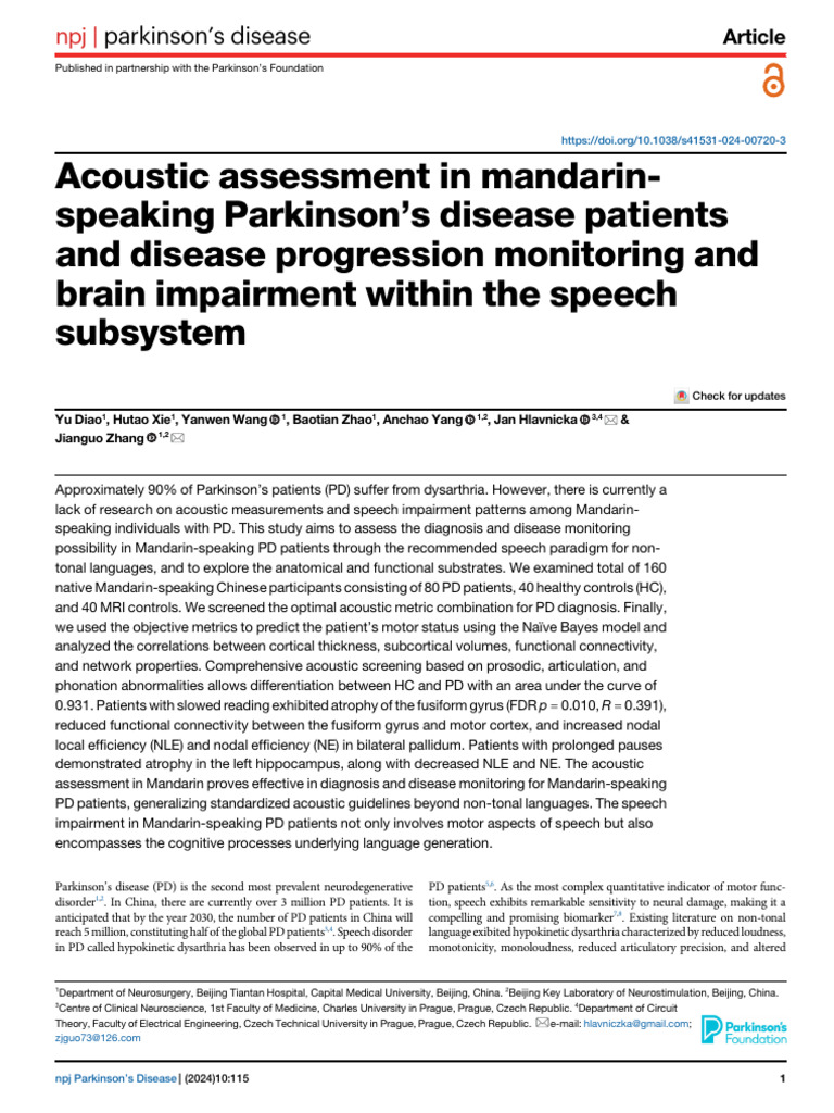 Acoustic Assessment in Mandarin-Speaking Parkinson's Disease Patients ...