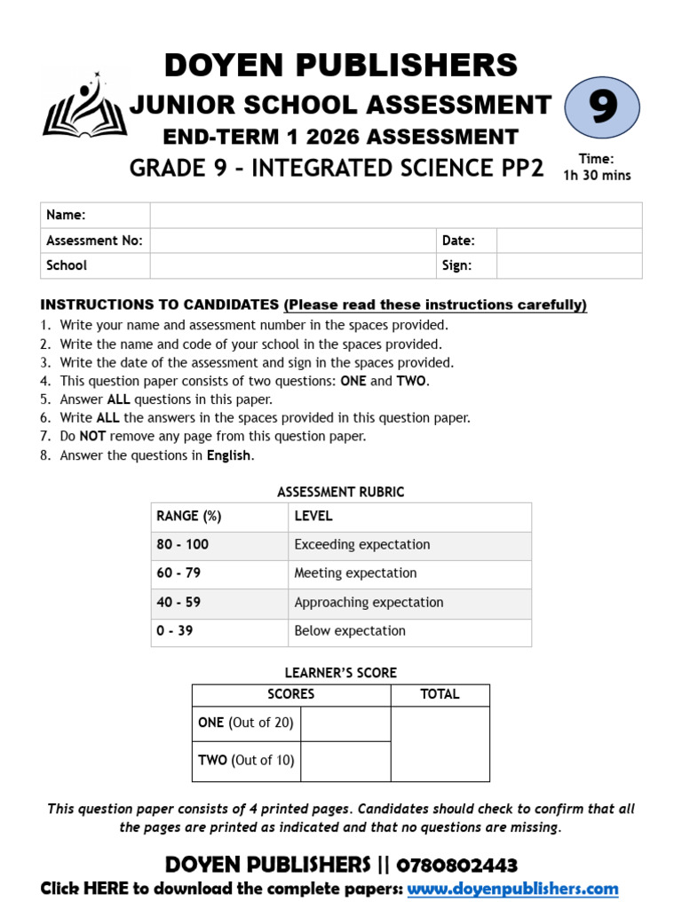 Grade 9 Integrated Science PP2 End-Term I 2026 Assessment | PDF