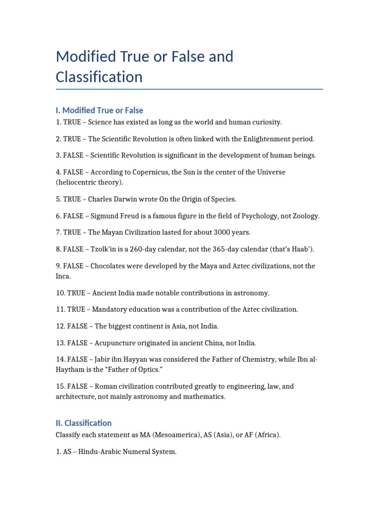 Modified True or False and Classification | PDF