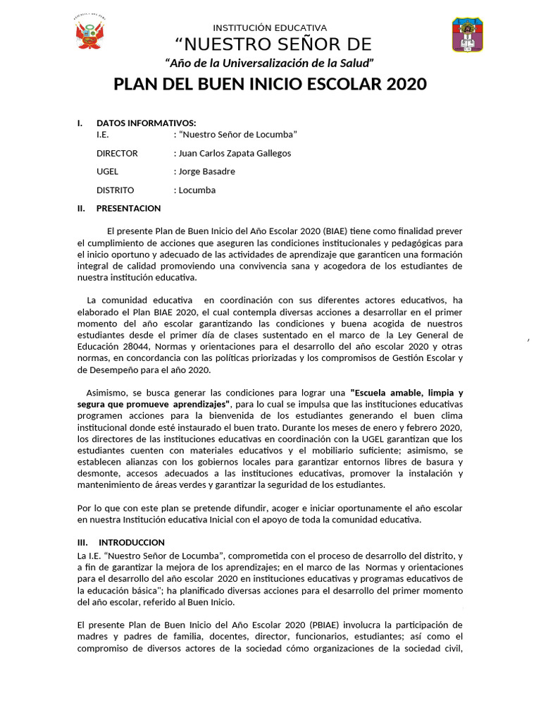 Plan Del Buen Inicio Escolar 2020 | PDF | Educación primaria | Escuelas