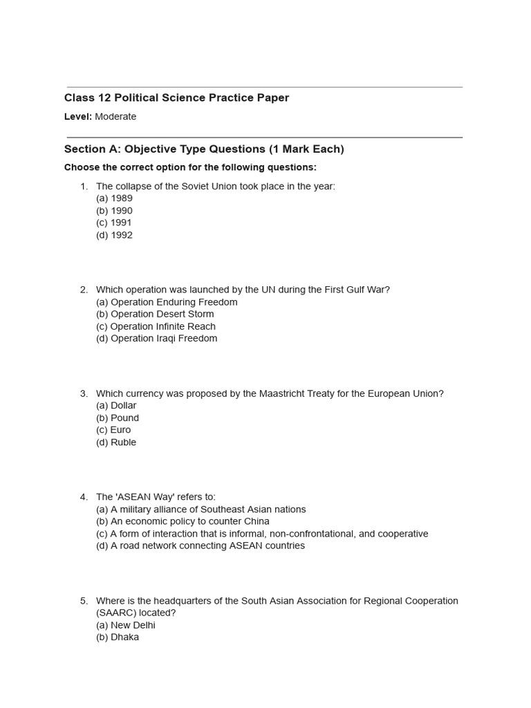 Politics Sample Paper 1 | PDF | Politics Of India | International Relations