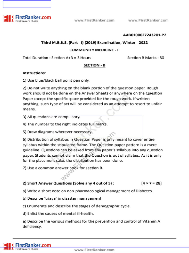 FR Community Medicine Paper II 2022 Winter Question Paper | PDF