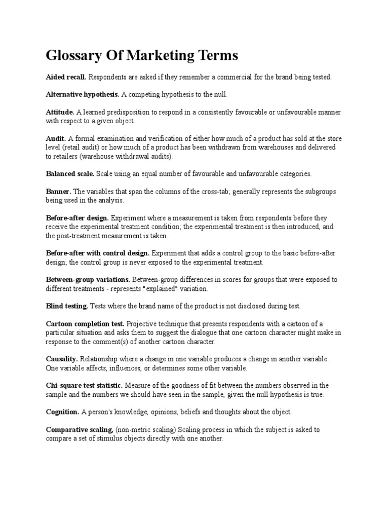 Glossary of Marketing Terms | PDF | Sampling (Statistics) | Experiment