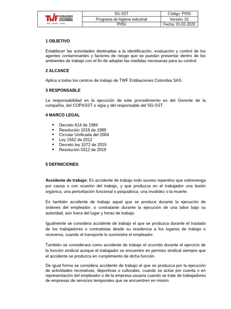 PHSI - Programa de Higiene y Seguridad Industrial | PDF | La seguridad
