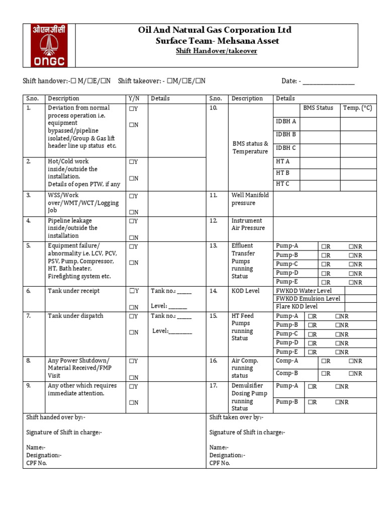Shift Handover Takeover Register Format-CTF | PDF | Gas Technologies ...