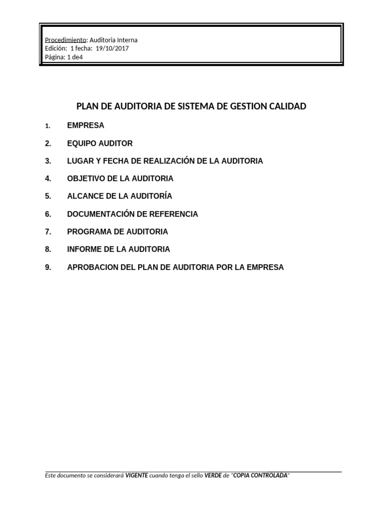 Plan de Auditoria Iso 9001 Todo Brillo - Grupo 8 | PDF | Auditoría ...
