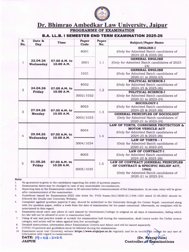 Time Table Ba & Bba LLB Odd Semester Exam 2025-26 | PDF
